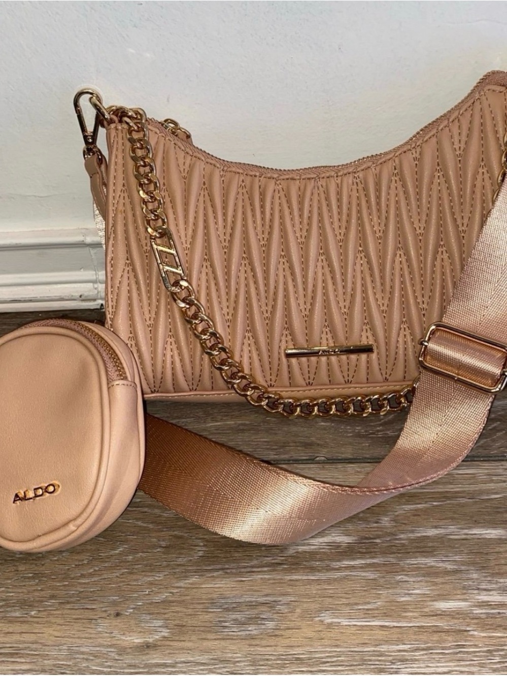 Aldo Quilted Shoulder Bag with Gold Chain - Rose Beige
